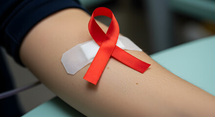 Aids Awareness Red Ribbon on Arm After Blood Donation a Symbol of Hope and Support for HIVAIDS Patients
