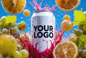 A white beverage can labeled "YOUR LOGO" is surrounded by splashing grape juice and slices, set against a deep blue sky.