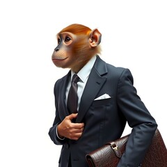 portrait of an ape wearing office suit and carrying handbag in white background
