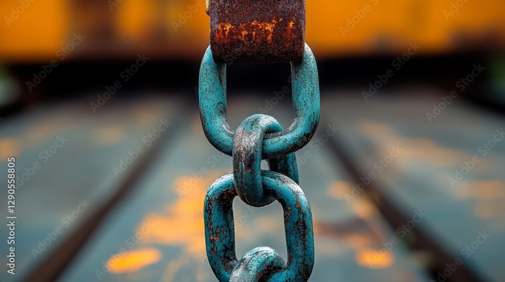 Poster chain link is shown in a black and red color scheme. the chain is wet and the sun is shining on it. 