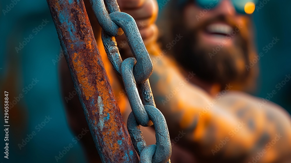 Poster man with a beard is holding a chain. the chain is rusty and the man is smiling