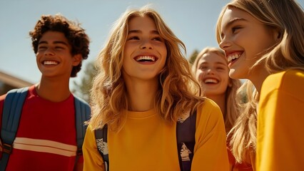 A group of smiling teenagers outdoors, wearing colorful shirts and backpacks, enjoying a sunny day together. Concept Teenage Friendship, Outdoor Adventure, Colorful Attire, Sunny Day Fun