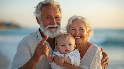 Grandparents holding baby, beach portrait, pointing