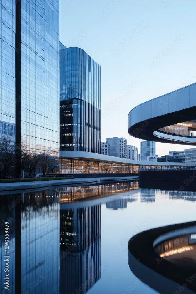 Poster skyscraper reflection in water. city buildings with round structure background