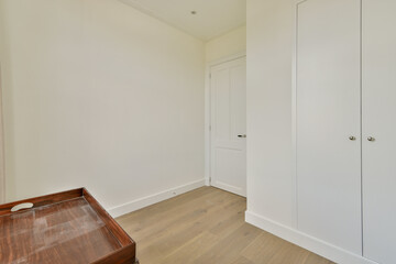 A spacious and minimalist interior featuring light-colored walls, wooden flooring, and compact storage solutions, ideal for modern living.