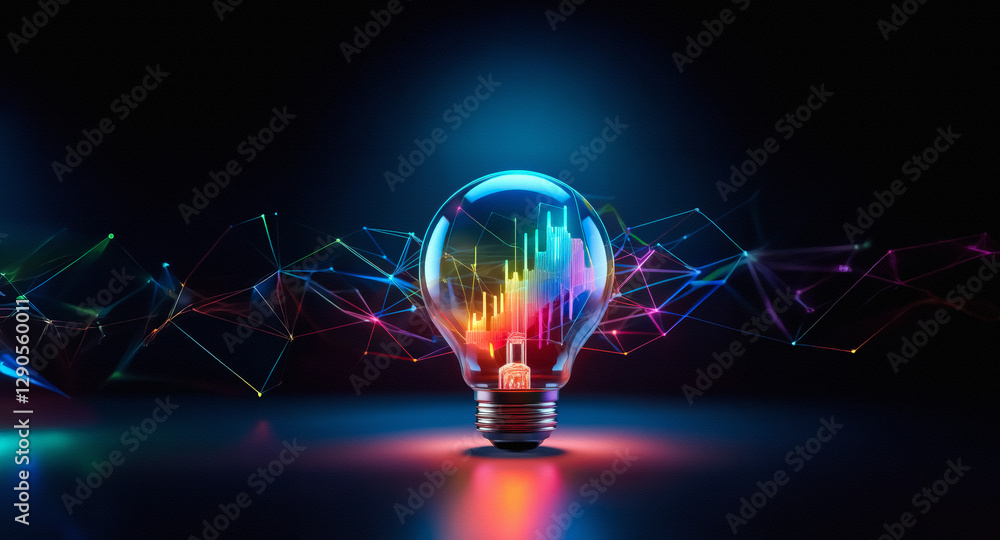 Aufkleber illuminated light bulb filled with abstract colorful forms and a padlock, connected to a network of 