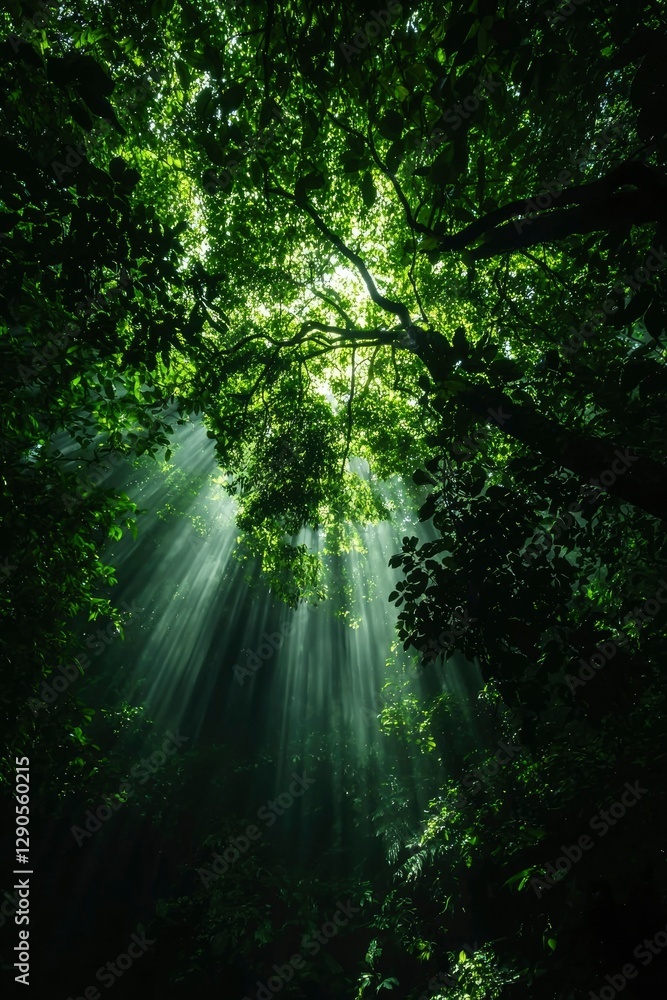 Poster sunlight streaming through trees in a green forest for nature or environment