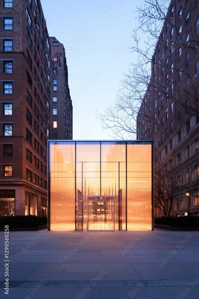 Poster glass cube reflecting buildings on plaza at dusk; architecture editorial, ad use
