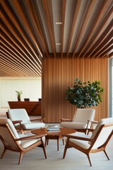 Modern wooden office lobby with furniture and greenery in a company waiting area