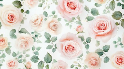 85.Floral pattern made of pink and beige roses, green leaves, branches on white background. Flat lay, top view: