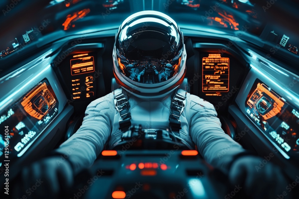 Poster Astronaut controls spaceship while navigating through futuristic space environment