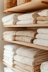 Folded linens stacked on shelves, in closet, for home decor or household use