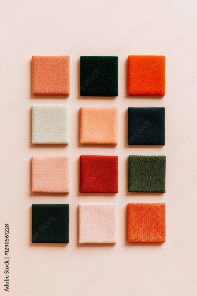Poster multicolored square samples arranged on a pink background for design and decor use