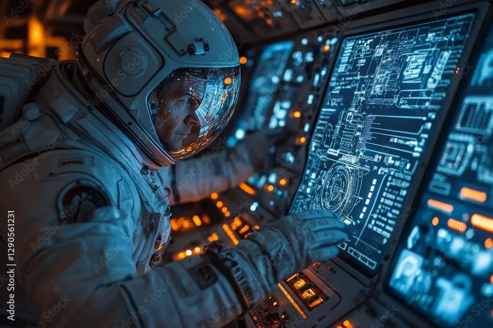 Aufkleber Astronaut operating control panel in spacecraft, showcasing advanced technology and deep space exploration