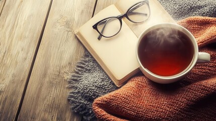 Fototapeta premium Cozy autumn scene hot tea book glasses and warm knitwear on wooden surface