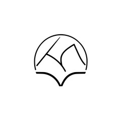 Abstract logo featuring a stylized illustration of an open book or a mountain peak, enclosed within a circle on a white background.