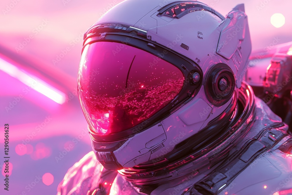 Poster Astronaut in a futuristic landscape with vibrant pink hues and glowing elements during an exploratory mission
