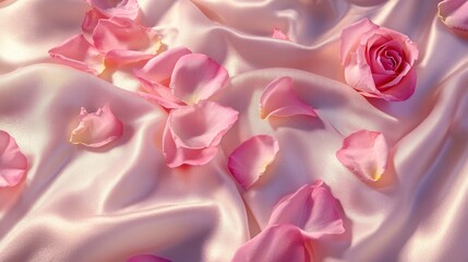 Fototapeta premium 94.A dreamy composition featuring pink roses scattered across silky fabric, their petals blending harmoniously with the luminous sheen of the material.