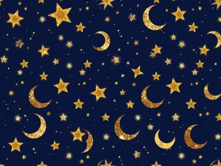 Fototapeta premium Gold Glitter Stars and Crescent Moons Night Sky Pattern