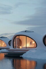 Floating white pod hotels on water. Modern architecture near ice and winter sky