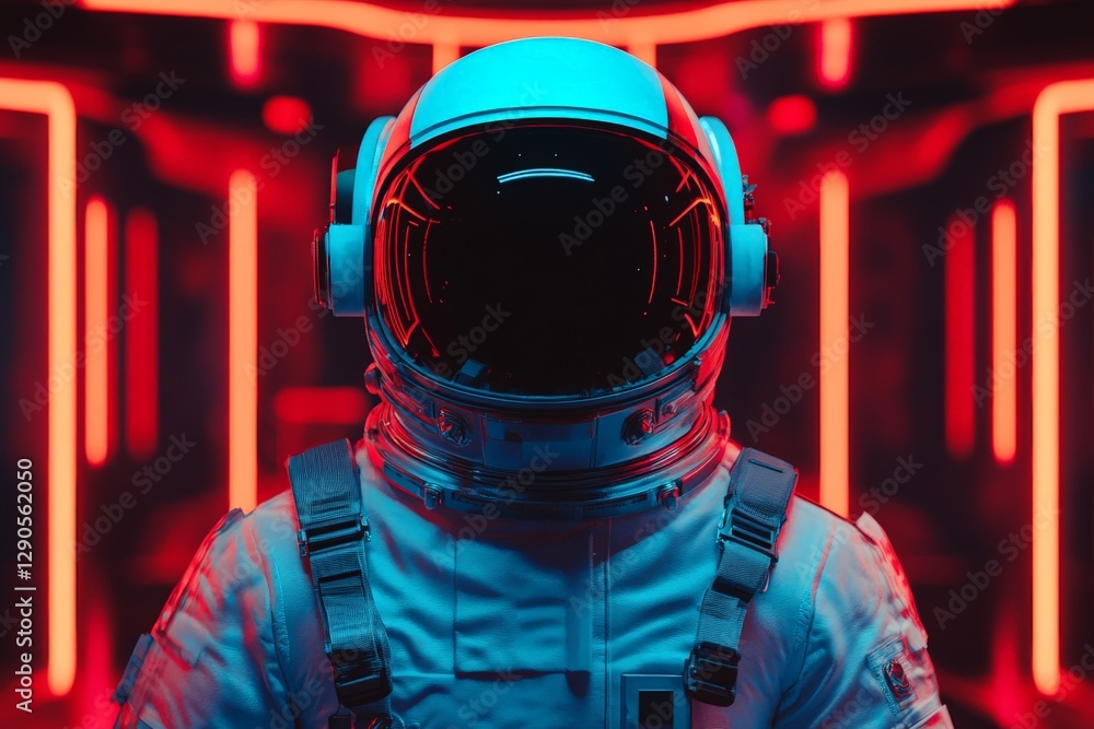 Poster astronaut in futuristic space suit against vibrant neon background in a high-tech environment