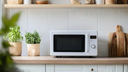 Modern Kitchen with a White Microwave and Fresh Herbs