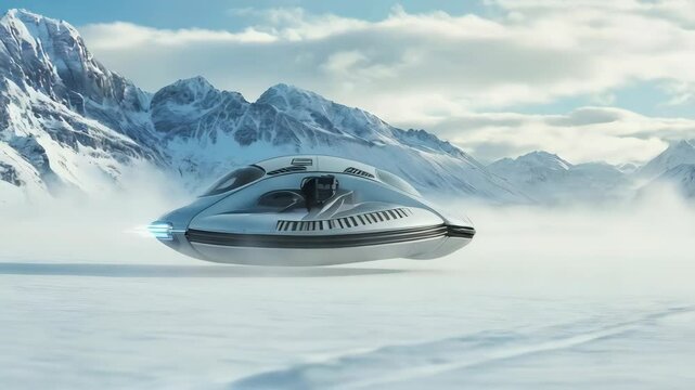 A futuristic, sleek hovercraft gliding over a snow-covered landscape