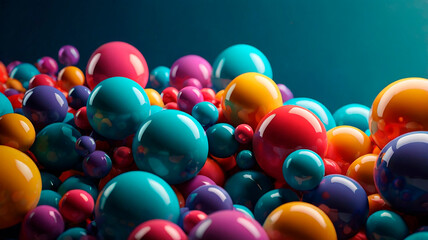 Bright balls, big and small, yellow, red, blue, purple colors, wavy background