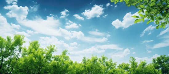 Obraz premium Lush green trees in vibrant shades filling the lower third against a serene blue sky with fluffy white clouds creating a tranquil nature scene.