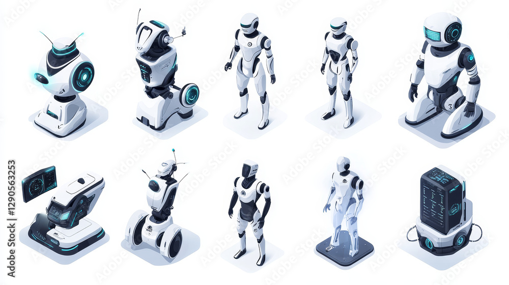 Poster robot icons vector set logo robotic machine technology robocop cartoon character ai artificial intel