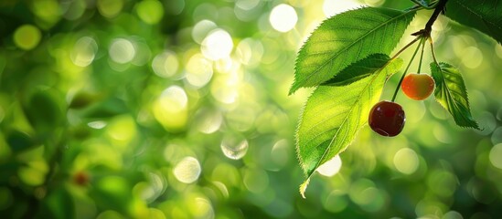 Close up image of vibrant green leaves with hanging red and yellow cherries on the left against a softly blurred green forest background.