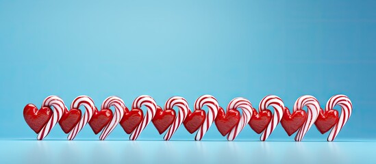 Colorful heart-shaped candy canes in red and white arranged in a line on a light blue background creating a festive holiday atmosphere