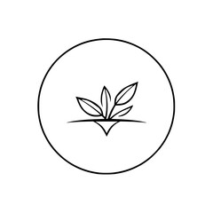 Minimalist plant symbol within a circle, stylized leaves emblem.