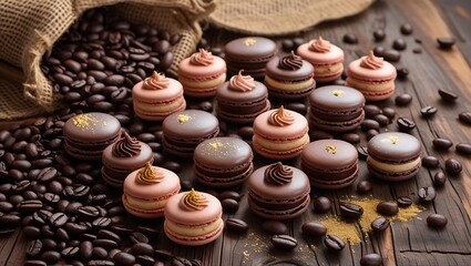 Assorted Gourmet Chocolate and Coffee Macarons on Coffee Beans: Artisanal Treats with Swirled Frosting, Perfect for Dessert and Coffee Lovers