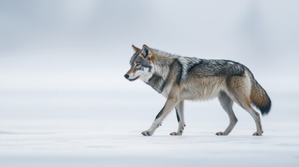 Obraz premium A solitary wolf strides gracefully across a snowy landscape, embodying the essence of wilderness and freedom in its natural habitat.