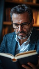 Man Reading Book in Library