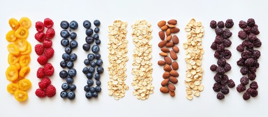 Colorful arrangement of dried fruits, nuts, oats, and seeds displayed in neat rows on a white background, emphasizing healthy homemade granola ingredients.