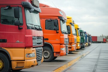 A vibrant line of parked trucks in various colors under a cloudy sky, showcasing the diversity in commercial transport vehicles.