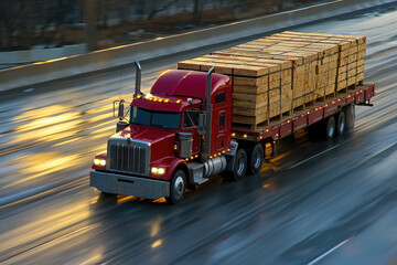 A vibrant red truck hauling timber on a wet highway, showcasing the hustle of transportation and commerce in action as dawn breaks.