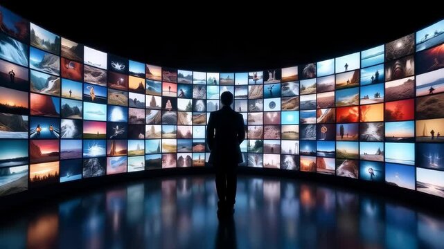 A digital collage featuring a dynamic array of small, rectangular screens displaying various colorful images