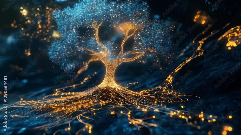 Poster a stylized tree composed of interconnected lines and nodes, resembling a neural network or data visu