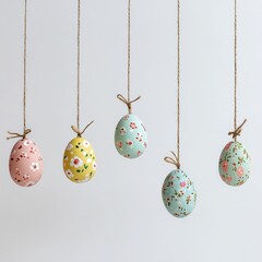 Easter eggs suspended on strings in photoshoot setup