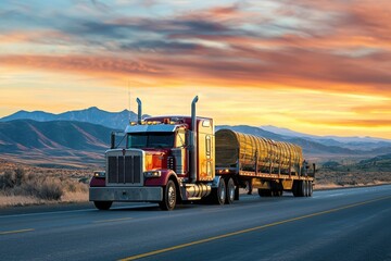 A vibrant sunset illuminates a freight truck on an open road, showcasing the beauty of transportation and nature in harmony.
