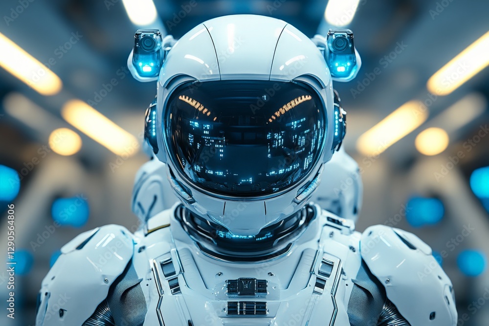 Poster advanced humanoid robot in a futuristic laboratory setting with illuminated technology displays