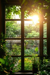 Window view of garden with sunrays, plants indoors. Could be used for home design