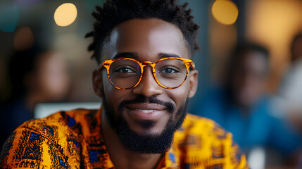 Obraz premium Smiling African Man in Glasses, Casual Cafe Setting