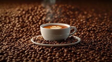 Obraz premium Aromatic coffee cup with latte art on coffee beans, steaming, amidst beans