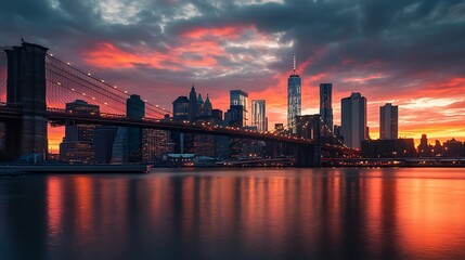 Fototapeta premium Manhattan Skyline at Sunset, Brooklyn Bridge, New York City