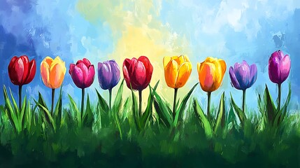 Vibrant Rainbow Tulips in a Sunny Meadow