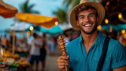 Man in a blue shirt and straw hat is holding a skewer with food on it. He is smiling and he is enjoying himself